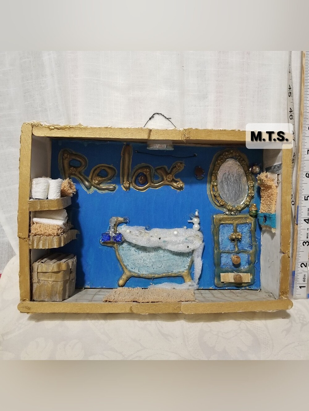 Handcrafted M.T.S. Blue Mixed-Media Bathroom Wall Art with Gold Accents